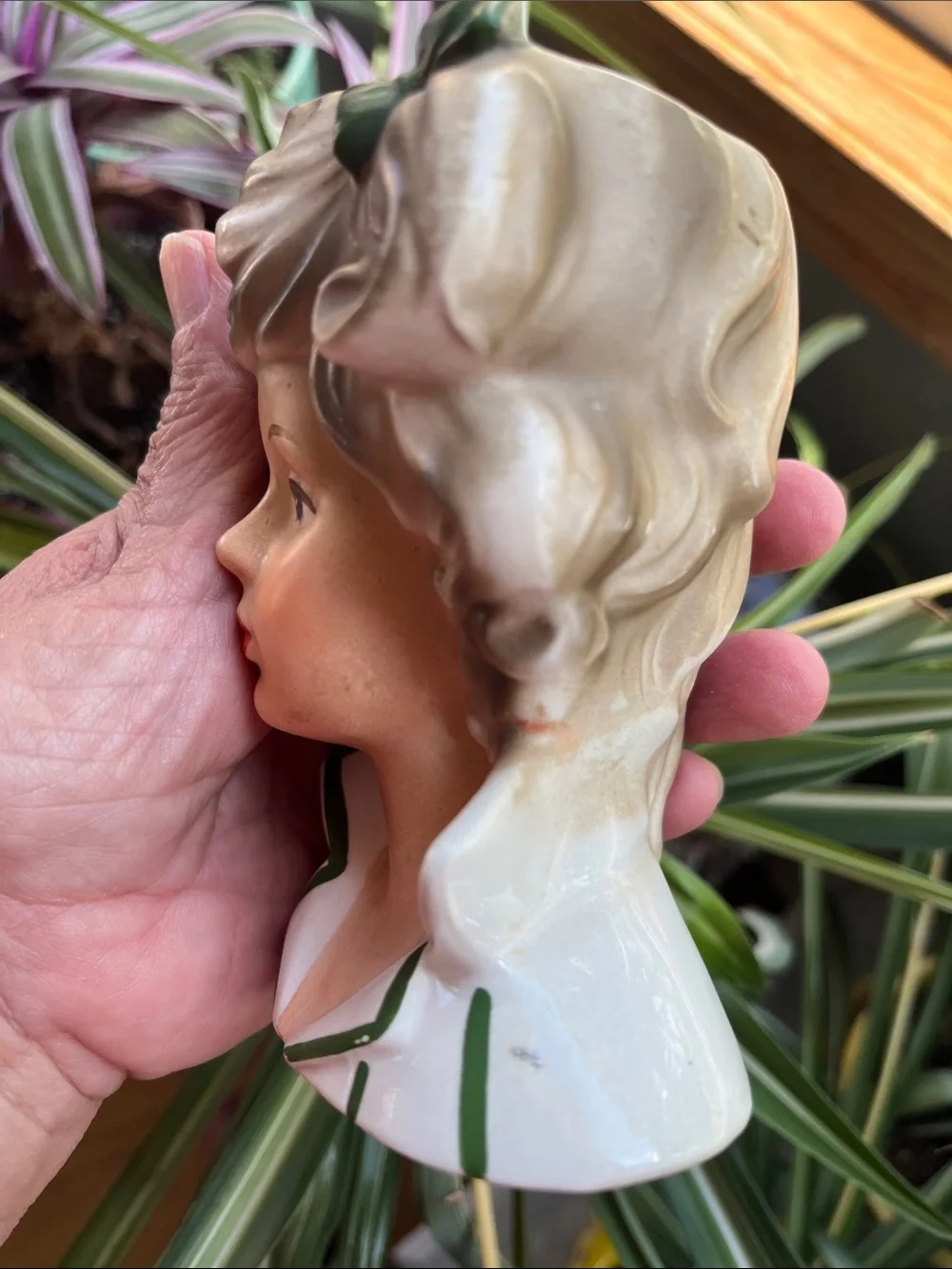 Vtg Royal Crown Lady Head Vase 3410 Japan 5'' Striped Green Shirt 60s/70s *READ*